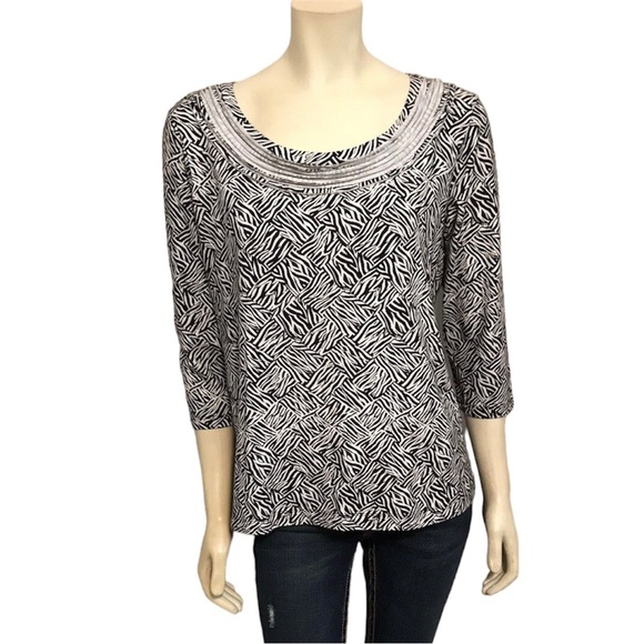 Dana Buchman Tops - Dana Buchman Signature Top Blouse Sz Large 3/4 Sleeve Stretch Black Off White